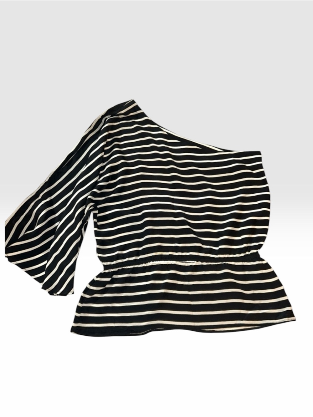 DREW Woman’s Black & White Stripe 100% Silk One Shoulder Waist Defined Blouse